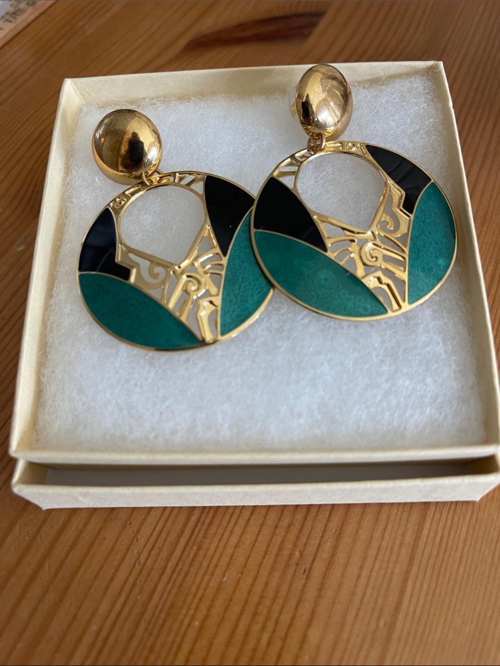 Designer Edgar Berebi signed Gold, Black and Teal Round Statement Earrings